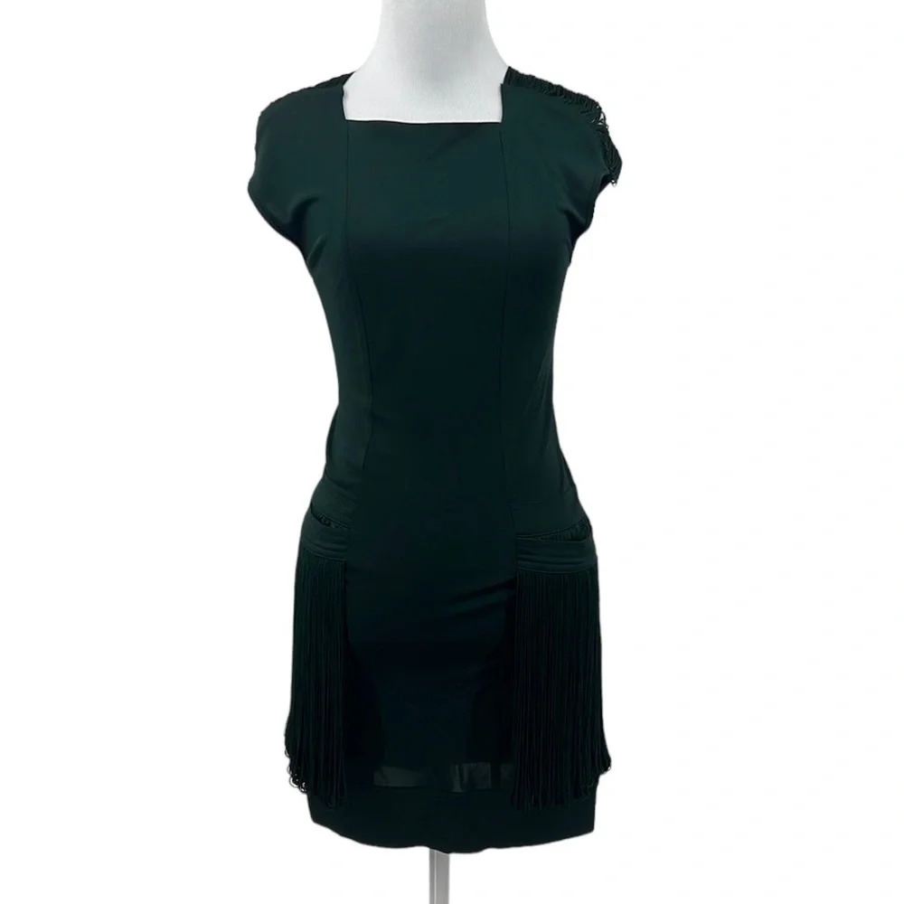 Hoss Intropia Dress Womens 34 Mini Green Fringe Cap Sleeve Cutout‎ Open Back